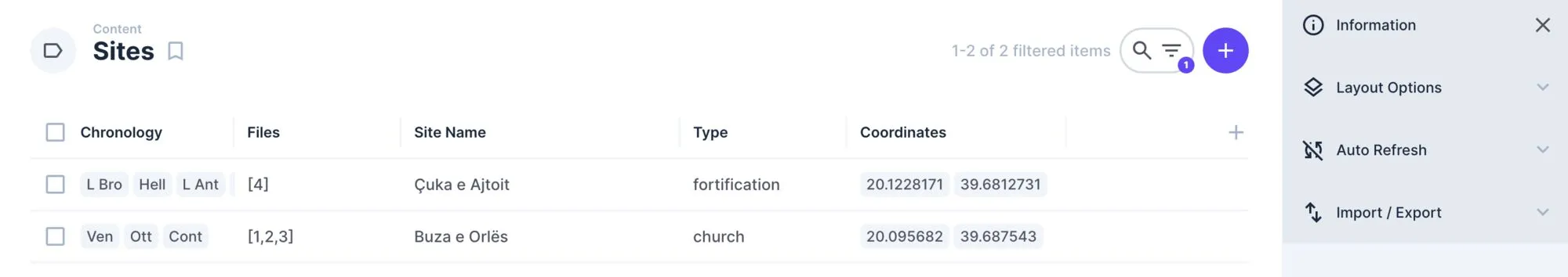Visualizzazione tabellare della collection Sites Visualizzazione tabellare della collection Sites