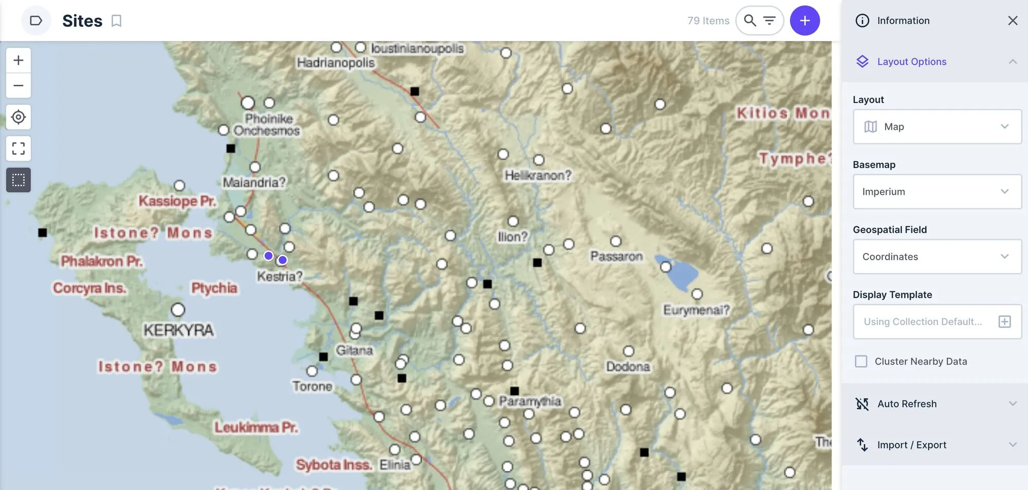 Visualizzazione a mappoa della collection Sites Visualizzazione a mappoa della collection Sites