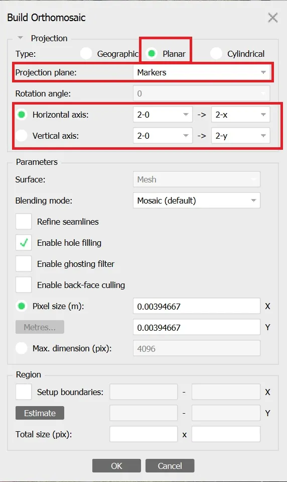 Opzioni della funzione Build orthomosaic