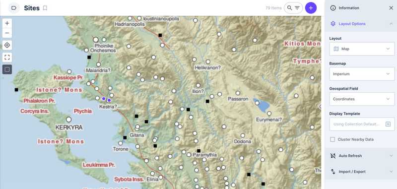 Visualizzazione a mappoa della collection Sites