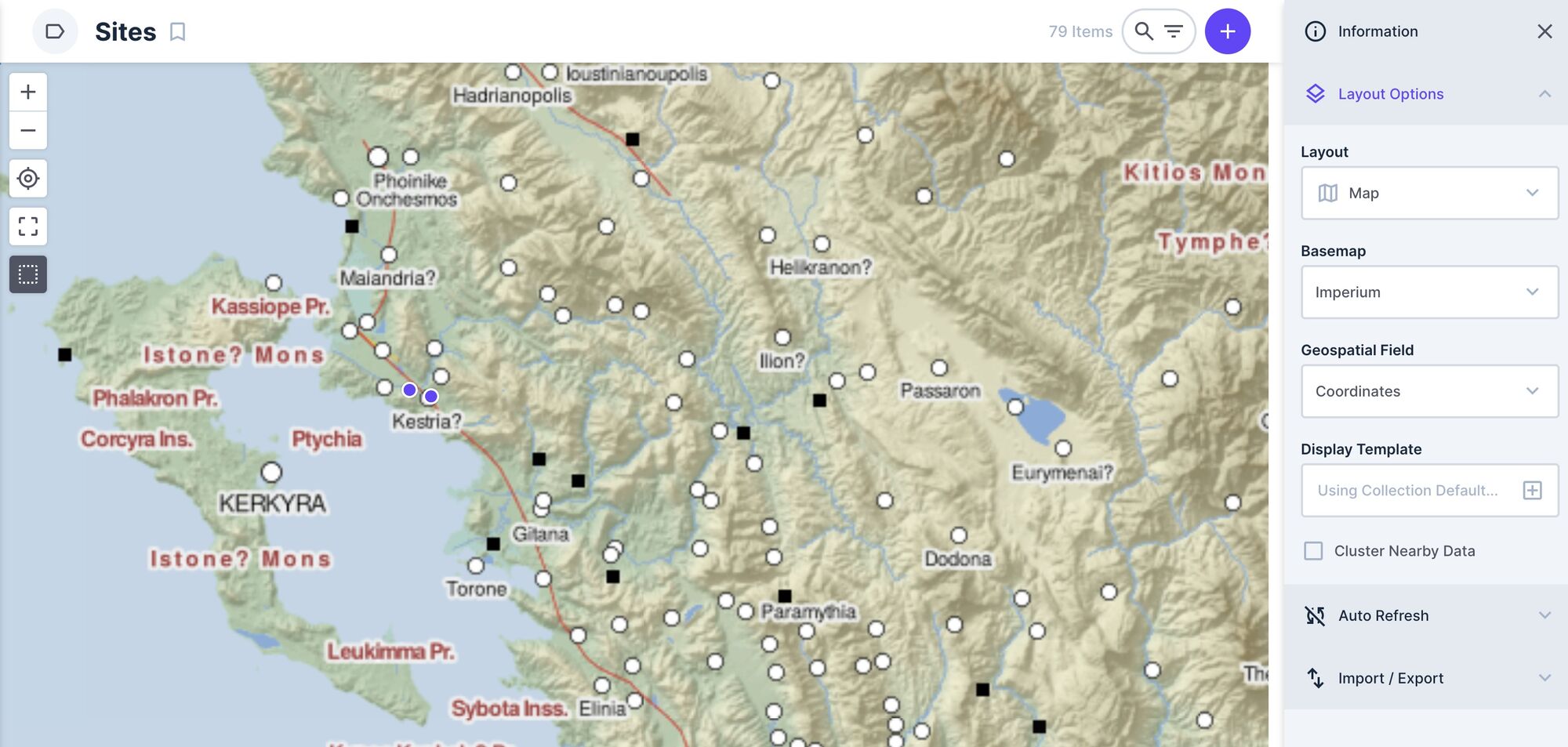 Visualizzazione a mappoa della collection Sites
